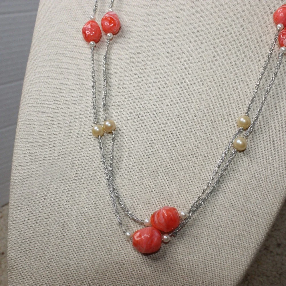 Necklace Long Station Coral Marbled Bead Faux Pearl 66